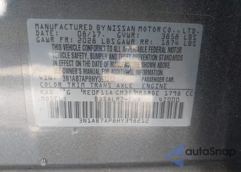 2017 Nissan Sentra Sr z USA, uszkodzony, nr VIN 3N1AB7AP8HY398212